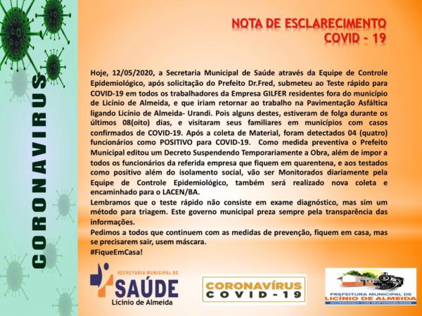 Licínio  de Almeida : Secretaria Municipal de Saúde Emite Nota de Esclarecimento de Covid-19  no Mun