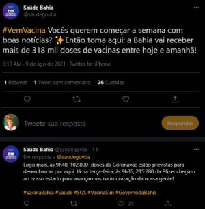 Covid-19: Secretaria de Saúde da BA anuncia chegada de mais de 318 mil doses de vacinas CoronaVac e