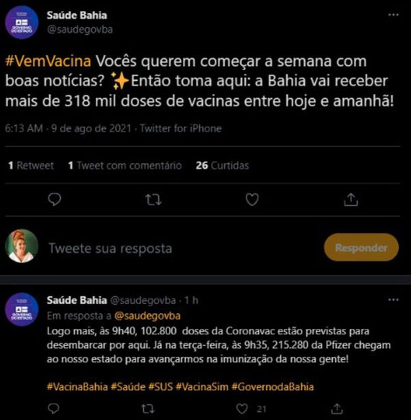 Covid-19: Secretaria de Saúde da BA anuncia chegada de mais de 318 mil doses de vacinas CoronaVac e