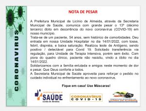 Licinio de Almeida: 13° Óbito Por Decorrência do Covid-19 é Registrado na Cidade.