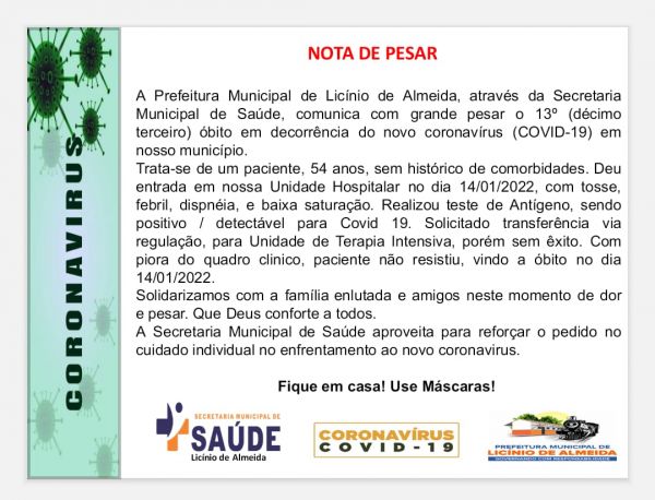 Licinio de Almeida: 13° Óbito Por Decorrência do Covid-19 é Registrado na Cidade.