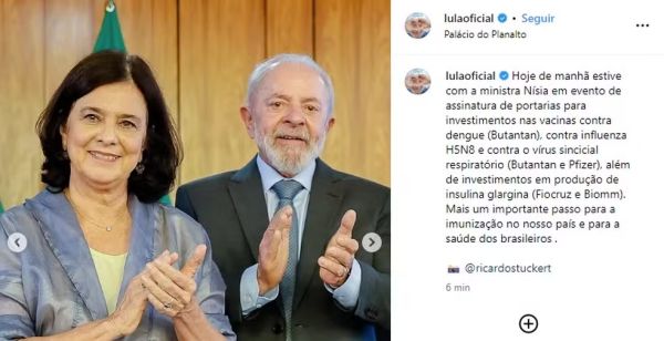 Lula anuncia acordo de produção nacional de vacinas contra dengue ao lado de Nísia