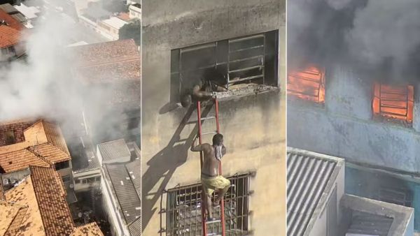 Confecção pega fogo em Ramos, com pessoas presas no imóvel; resgate é dramático, e há 9 feridos