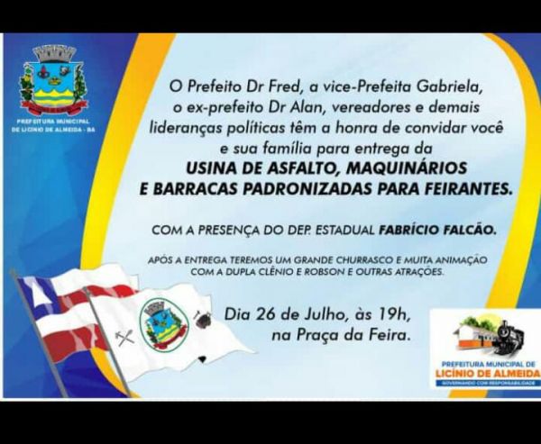 Prefeito Liciniense Entrega Usina de Asfalto, Maquinários e Barracas Padronizadas Nesta Sexta Feira.